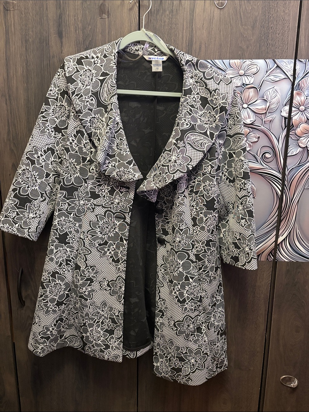 NY&C Black & White Floral Jacquard Notch Collar Blazer